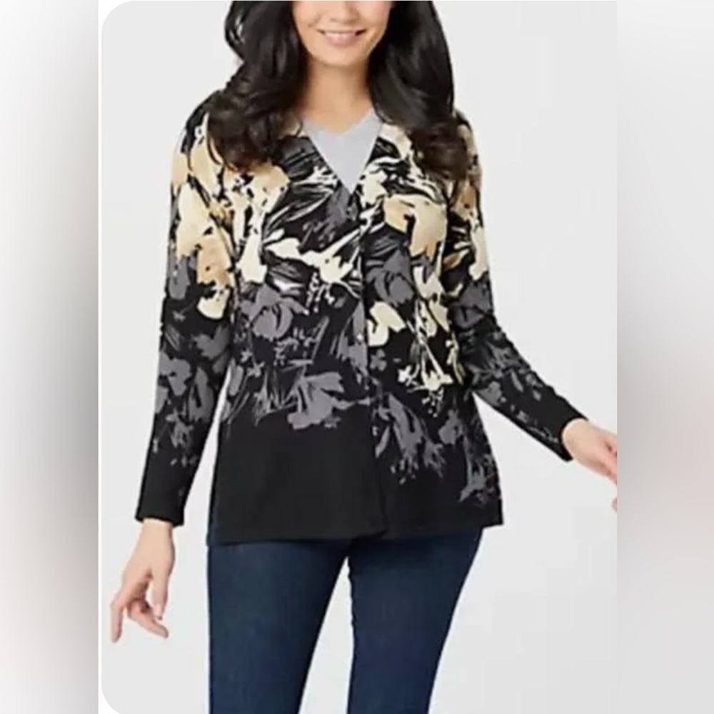 Isaac Mizrahi Black and Tan Floral Cardigan sz L